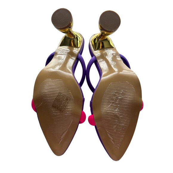 Gold Pyramid High Heel Mules Sandals Neon Pink & Purple Straps Chic Party Size 8 - Picture 8 of 9